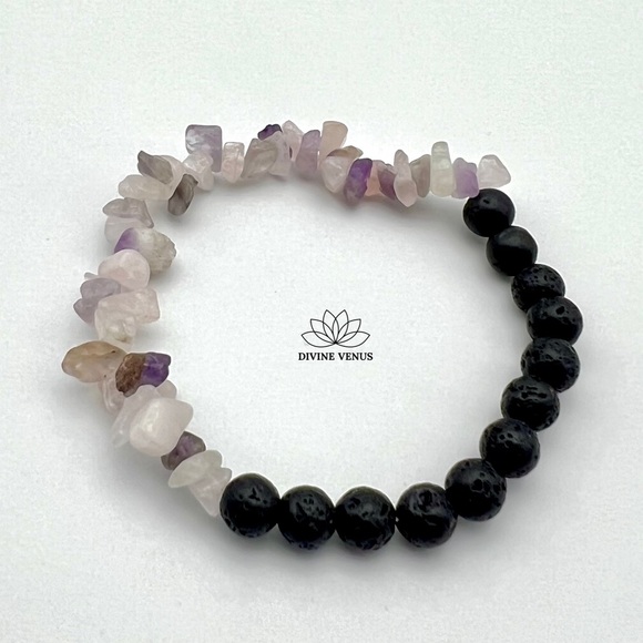 Rose Quartz and Amethyst Lava Rock Stretch Bracelet - Picture 2 of 5
